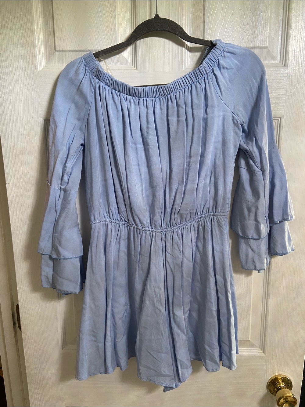 Altar'd State Light Blue Off-the-Shoulder Ruffle Sleeve Mini romper dress